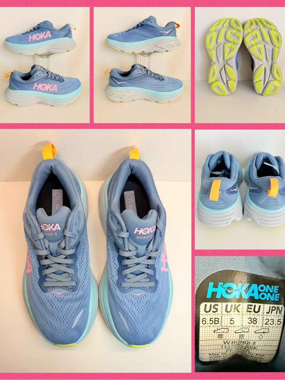 HOKA BONDI 8 Sneakers in Blue with Pink and Yellow Accents